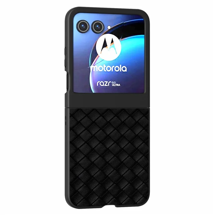 For Motorola Razr 50 5G Case Woven Texture PU Leather Coated Hard PC Cover - Black