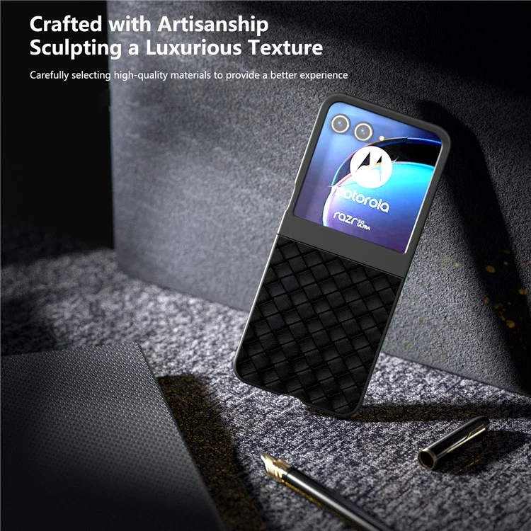 For Motorola Razr 50 5G Case Woven Texture PU Leather Coated Hard PC Cover - Black