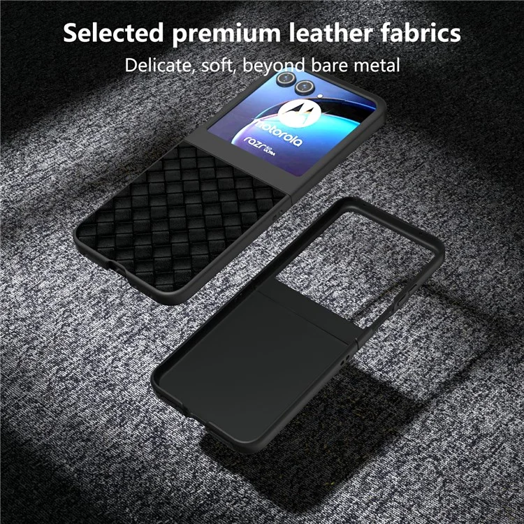 For Motorola Razr 50 5G Case Woven Texture PU Leather Coated Hard PC Cover - Black
