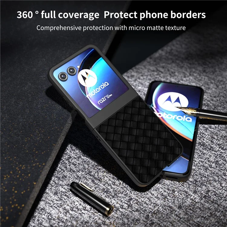 For Motorola Razr 50 5G Case Woven Texture PU Leather Coated Hard PC Cover - Black