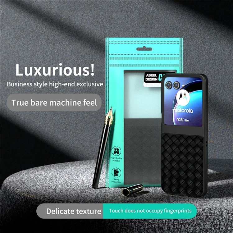 For Motorola Razr 50 5G Case Woven Texture PU Leather Coated Hard PC Cover - Black