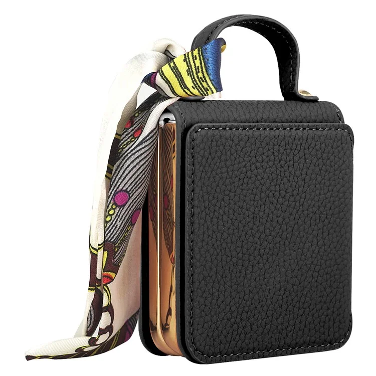 For Samsung Galaxy Z Flip5 5G Case Folding Mirror PU Leather+PC Tote Phone Cover with Back Film - Black