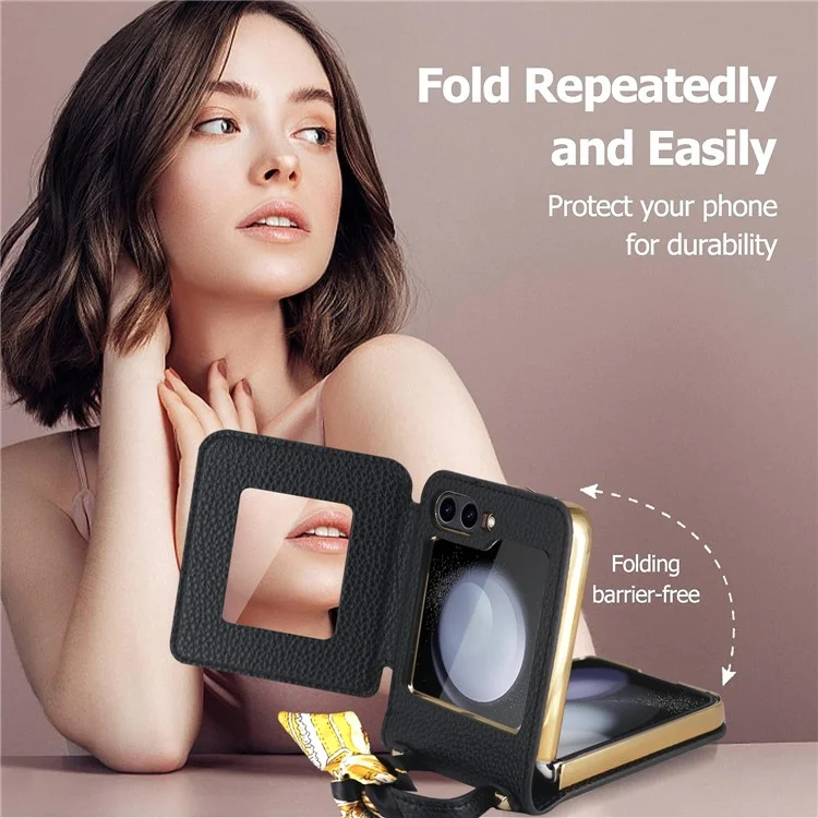 For Samsung Galaxy Z Flip5 5G Case Folding Mirror PU Leather+PC Tote Phone Cover with Back Film - Black