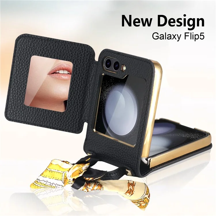For Samsung Galaxy Z Flip5 5G Case Folding Mirror PU Leather+PC Tote Phone Cover with Back Film - Black