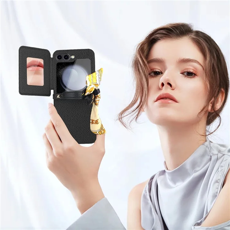 For Samsung Galaxy Z Flip5 5G Case Folding Mirror PU Leather+PC Tote Phone Cover with Back Film - Black