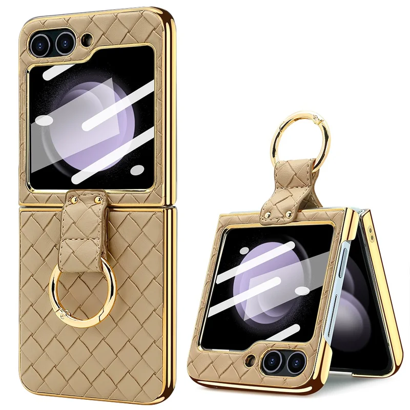 Para Samsung Galaxy Z Flip5 5G Capa Textura Trançada Couro+PC Suporte de Telefone com Filme Traseiro - Dourado