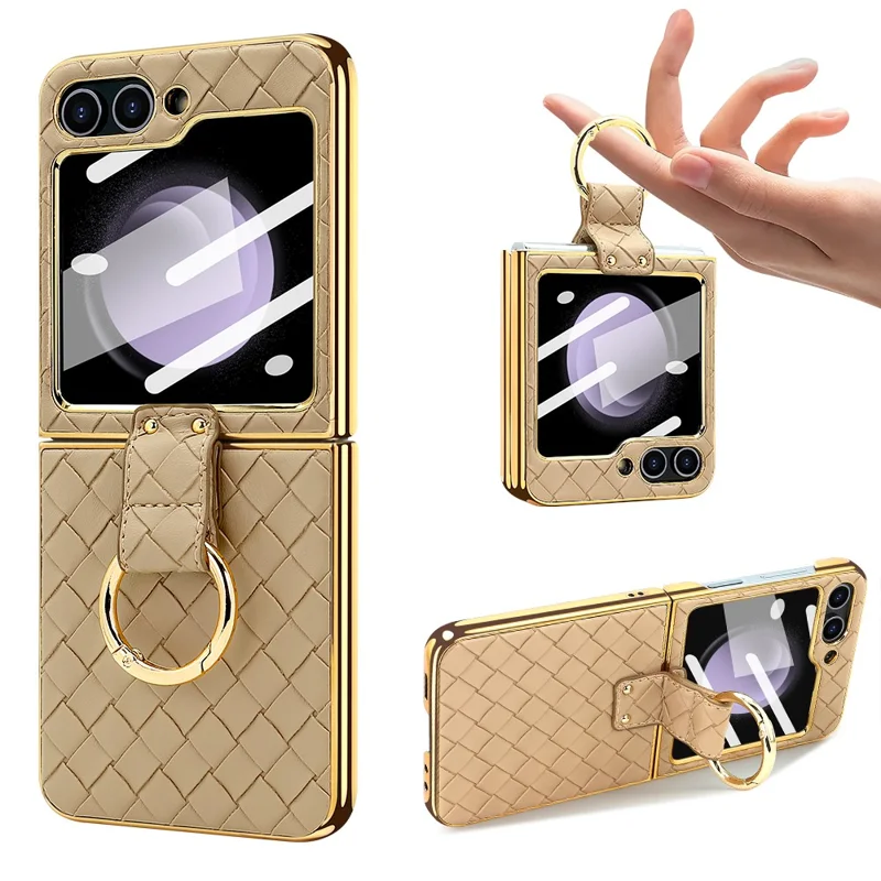 Para Samsung Galaxy Z Flip5 5G Capa Textura Trançada Couro+PC Suporte de Telefone com Filme Traseiro - Dourado