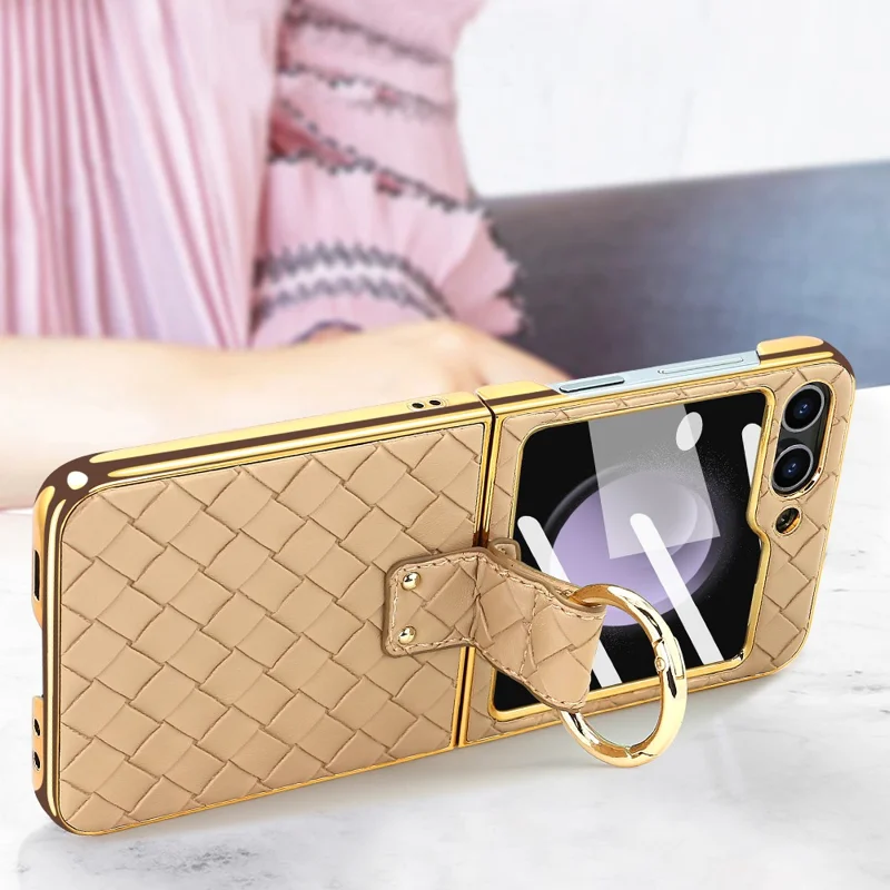Para Samsung Galaxy Z Flip5 5G Capa Textura Trançada Couro+PC Suporte de Telefone com Filme Traseiro - Dourado