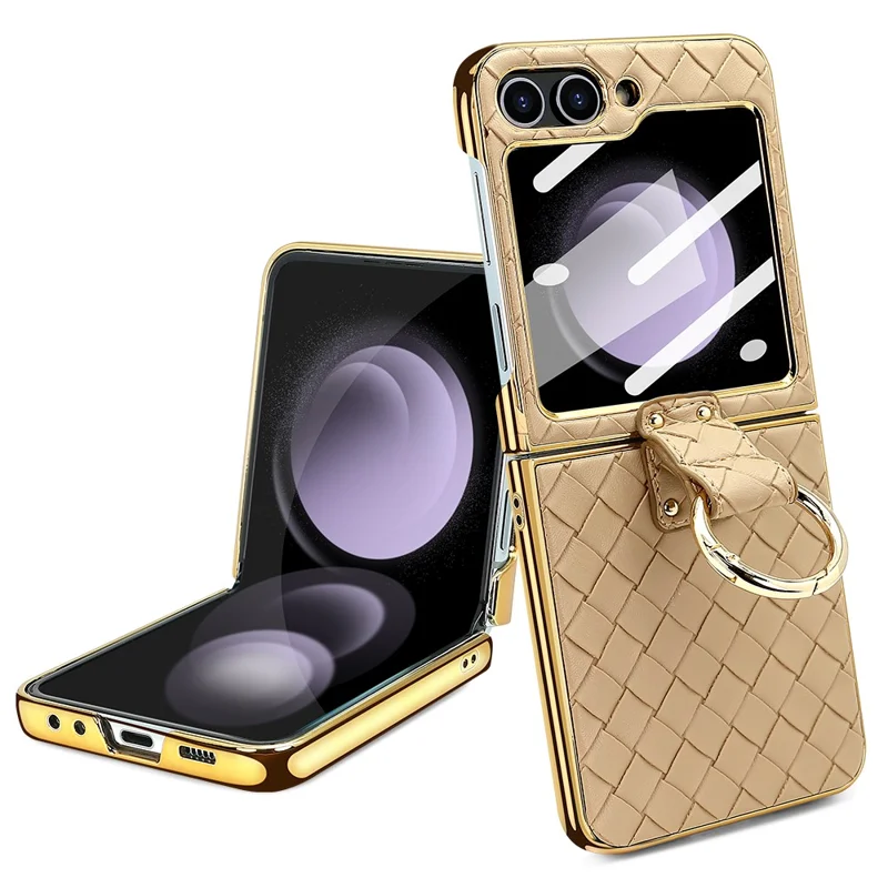 Para Samsung Galaxy Z Flip5 5G Capa Textura Trançada Couro+PC Suporte de Telefone com Filme Traseiro - Dourado