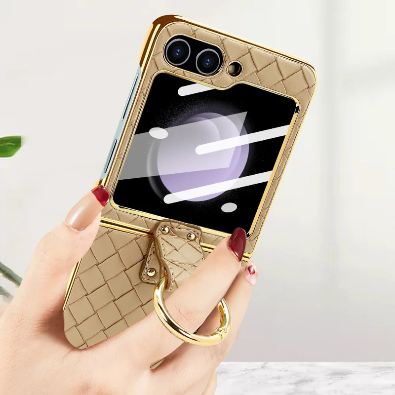 Para Samsung Galaxy Z Flip5 5G Capa Textura Trançada Couro+PC Suporte de Telefone com Filme Traseiro - Dourado