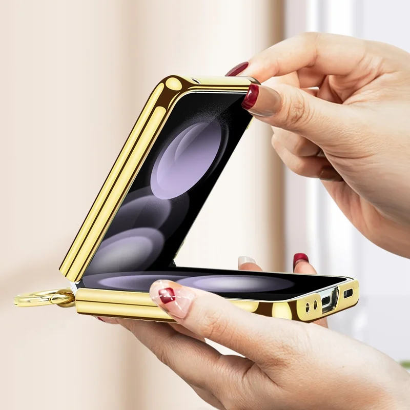 Para Samsung Galaxy Z Flip5 5G Capa Textura Trançada Couro+PC Suporte de Telefone com Filme Traseiro - Dourado