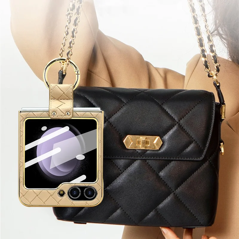 Para Samsung Galaxy Z Flip5 5G Capa Textura Trançada Couro+PC Suporte de Telefone com Filme Traseiro - Dourado