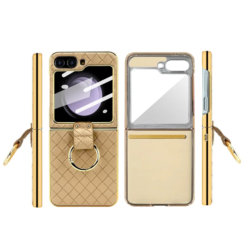 Para Samsung Galaxy Z Flip5 5G Capa Textura Trançada Couro+PC Suporte de Telefone com Filme Traseiro - Dourado