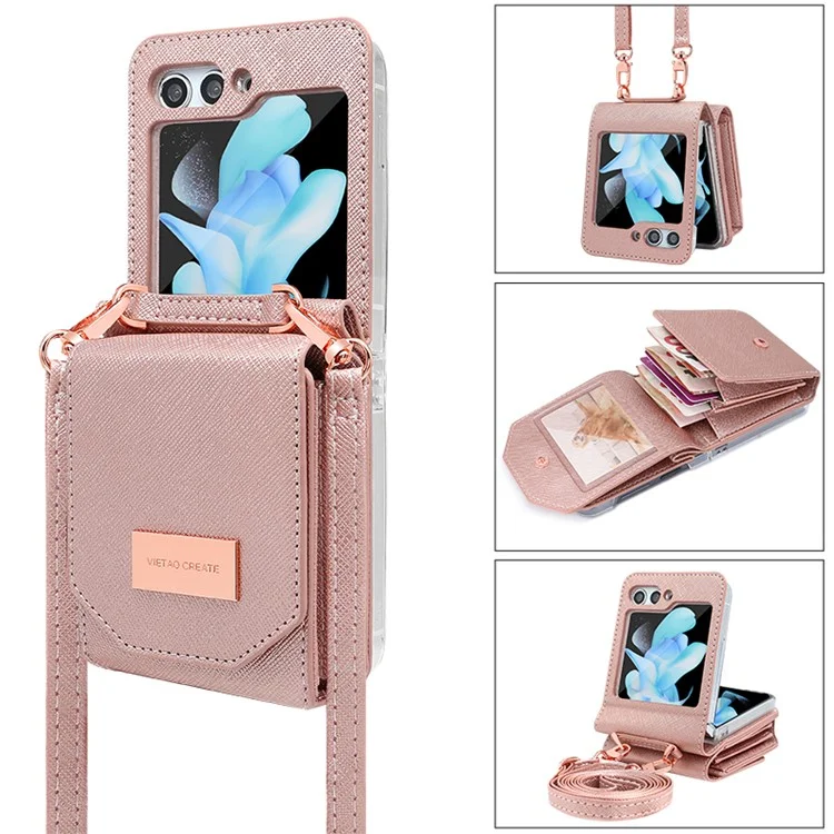 Per Samsung Galaxy Z Flip5 5G Case Card Bag Kickstand PU Leather PC Phone Cover with Strap - Rose Gold