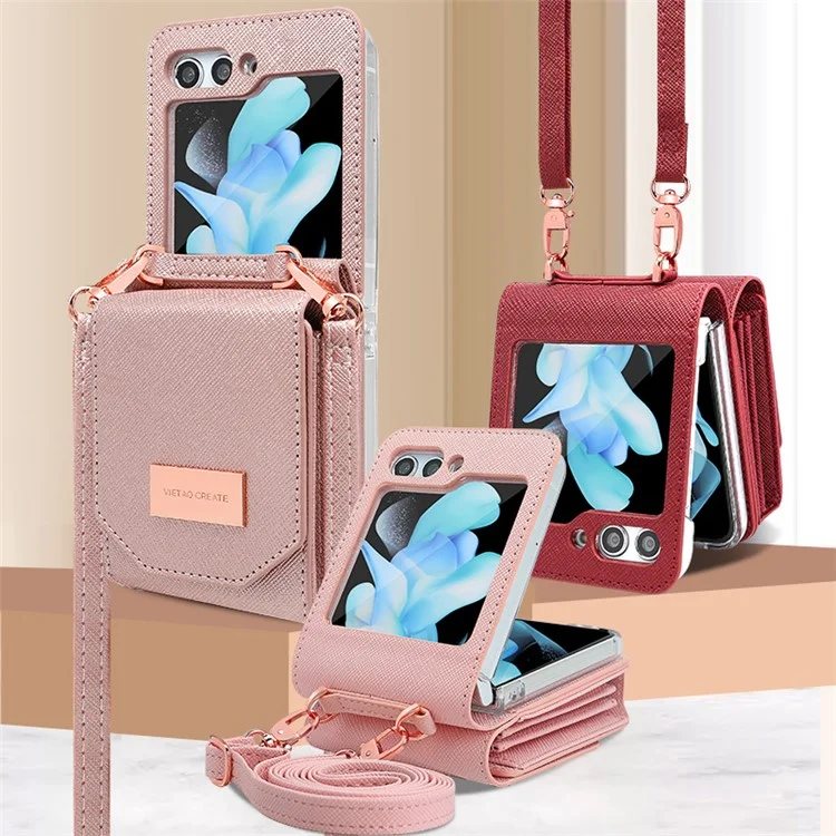 Per Samsung Galaxy Z Flip5 5G Case Card Bag Kickstand PU Leather PC Phone Cover with Strap - Rose Gold