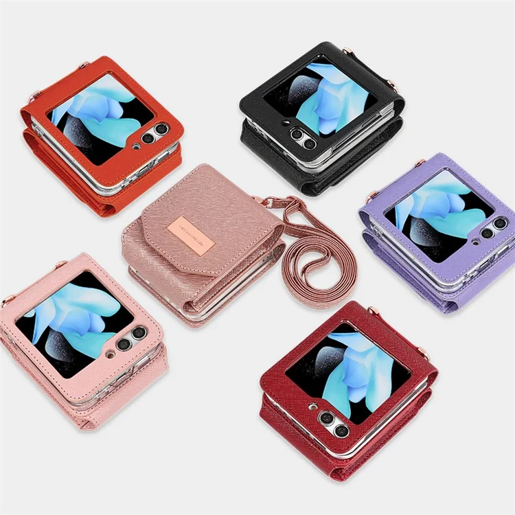 Per Samsung Galaxy Z Flip5 5G Case Card Bag Kickstand PU Leather PC Phone Cover with Strap - Rose Gold