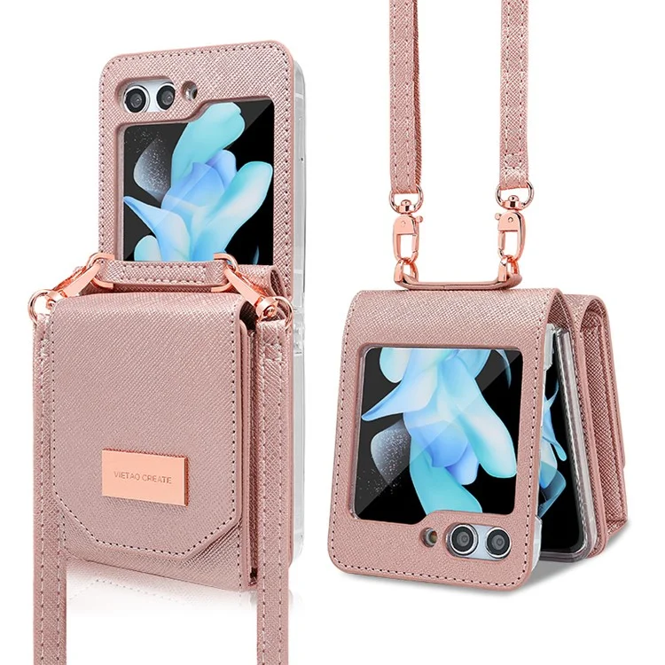 Per Samsung Galaxy Z Flip5 5G Case Card Bag Kickstand PU Leather PC Phone Cover with Strap - Rose Gold