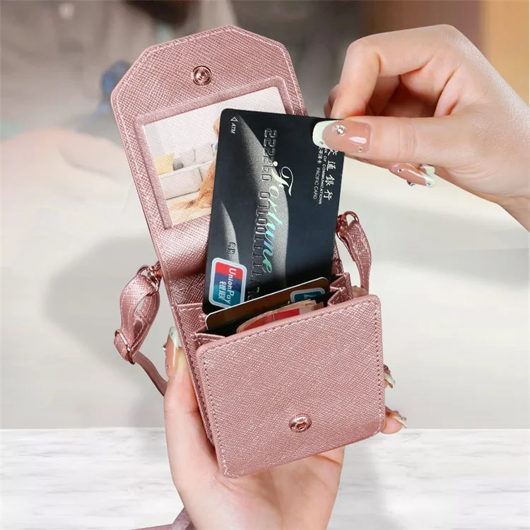 Per Samsung Galaxy Z Flip5 5G Case Card Bag Kickstand PU Leather PC Phone Cover with Strap - Rose Gold