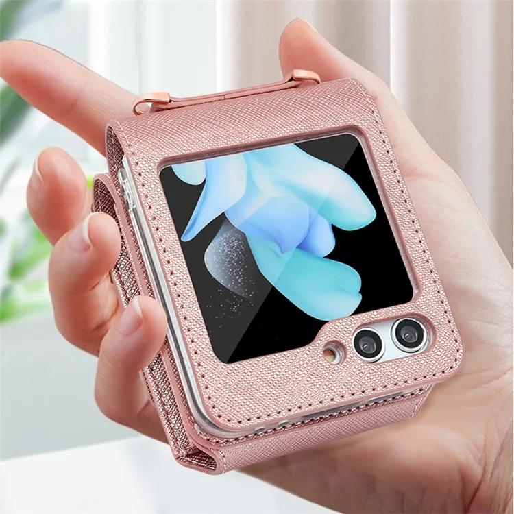 Per Samsung Galaxy Z Flip5 5G Case Card Bag Kickstand PU Leather PC Phone Cover with Strap - Rose Gold