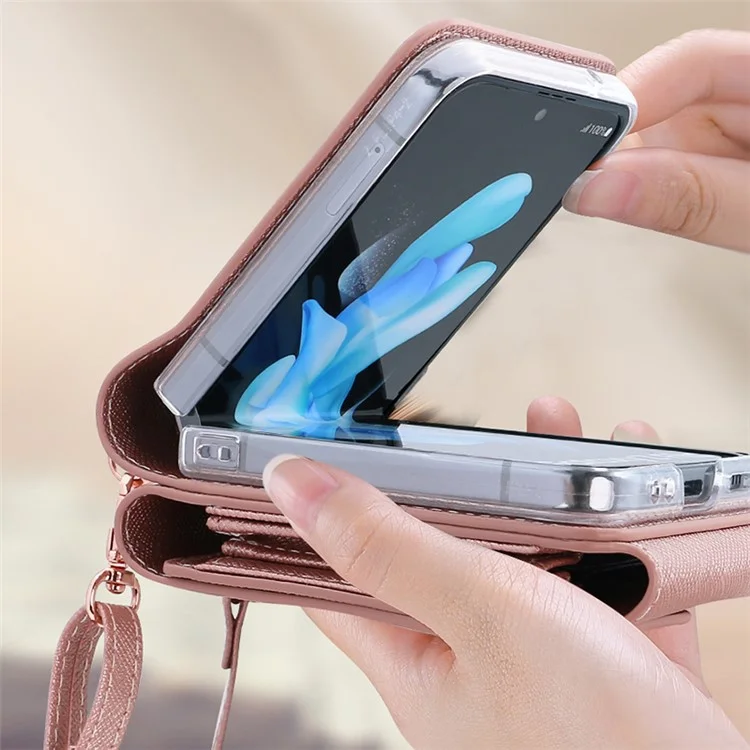 Per Samsung Galaxy Z Flip5 5G Case Card Bag Kickstand PU Leather PC Phone Cover with Strap - Rose Gold