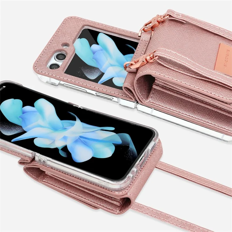 Per Samsung Galaxy Z Flip5 5G Case Card Bag Kickstand PU Leather PC Phone Cover with Strap - Rose Gold