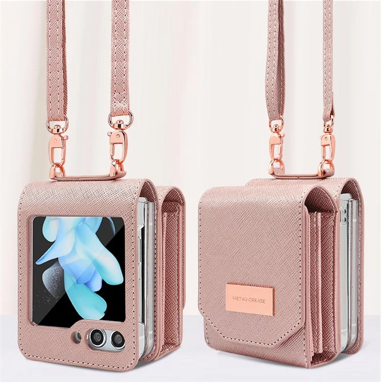 Per Samsung Galaxy Z Flip5 5G Case Card Bag Kickstand PU Leather PC Phone Cover with Strap - Rose Gold