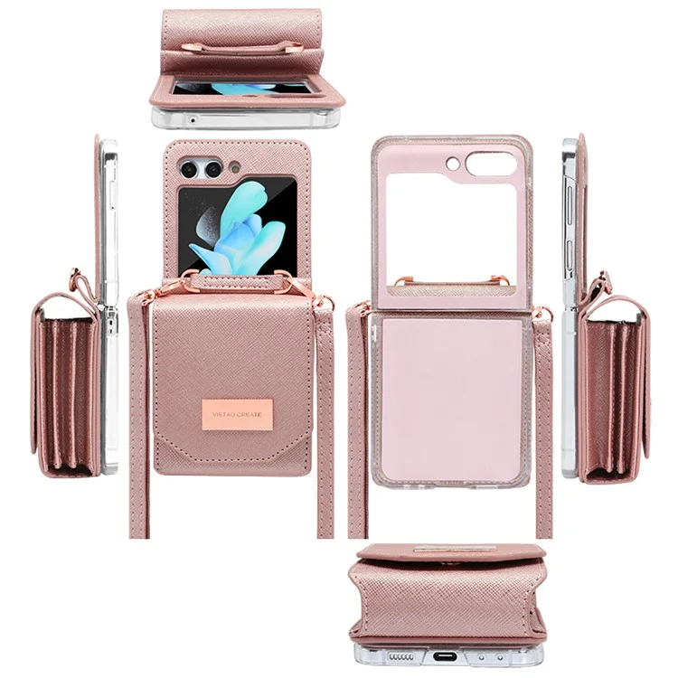 Per Samsung Galaxy Z Flip5 5G Case Card Bag Kickstand PU Leather PC Phone Cover with Strap - Rose Gold
