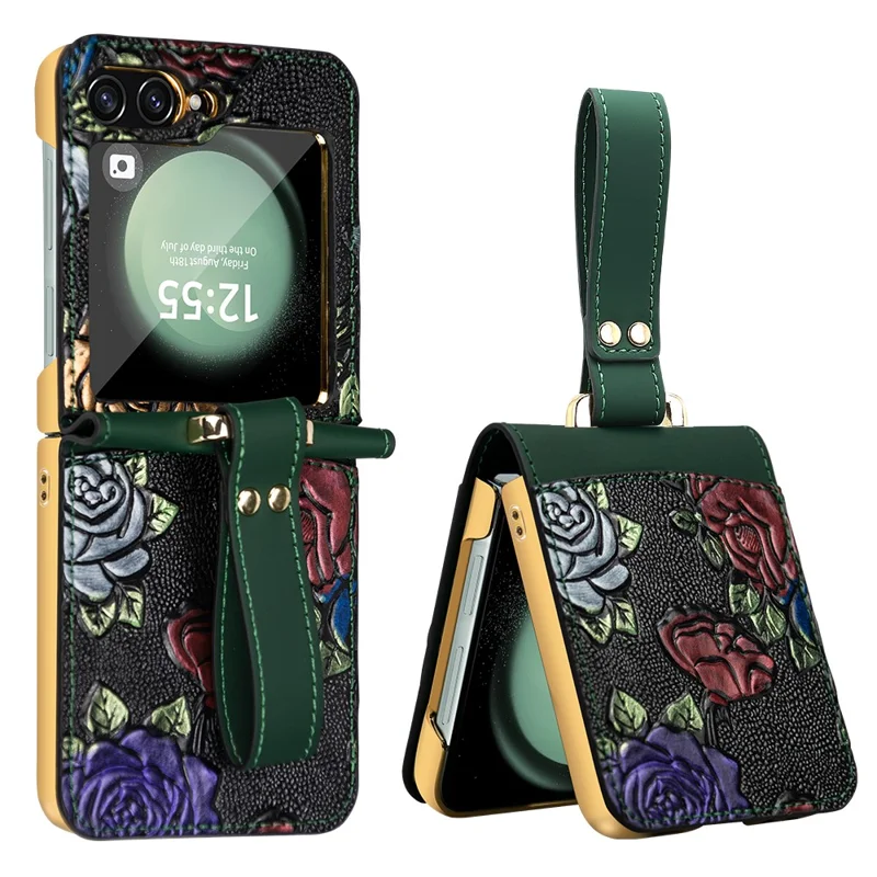 Para Samsung Galaxy Z Flip5 5G Kickstand Case Flower Pattern Leather+PC Phone Cover with Back Film - Verde