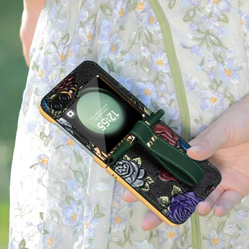 Para Samsung Galaxy Z Flip5 5G Kickstand Case Flower Pattern Leather+PC Phone Cover with Back Film - Verde