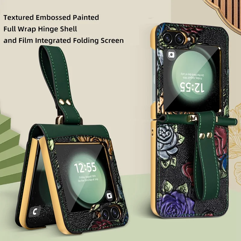 Para Samsung Galaxy Z Flip5 5G Kickstand Case Flower Pattern Leather+PC Phone Cover with Back Film - Verde
