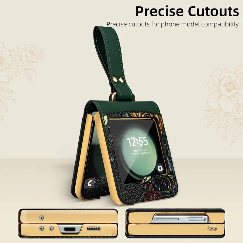 Para Samsung Galaxy Z Flip5 5G Kickstand Case Flower Pattern Leather+PC Phone Cover with Back Film - Verde