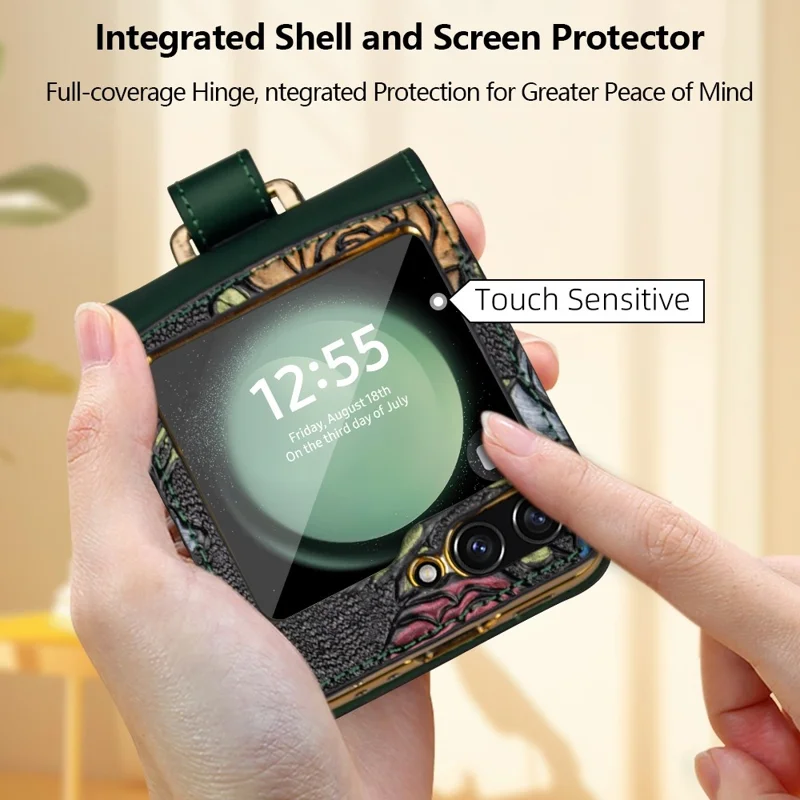 Para Samsung Galaxy Z Flip5 5G Kickstand Case Flower Pattern Leather+PC Phone Cover with Back Film - Verde