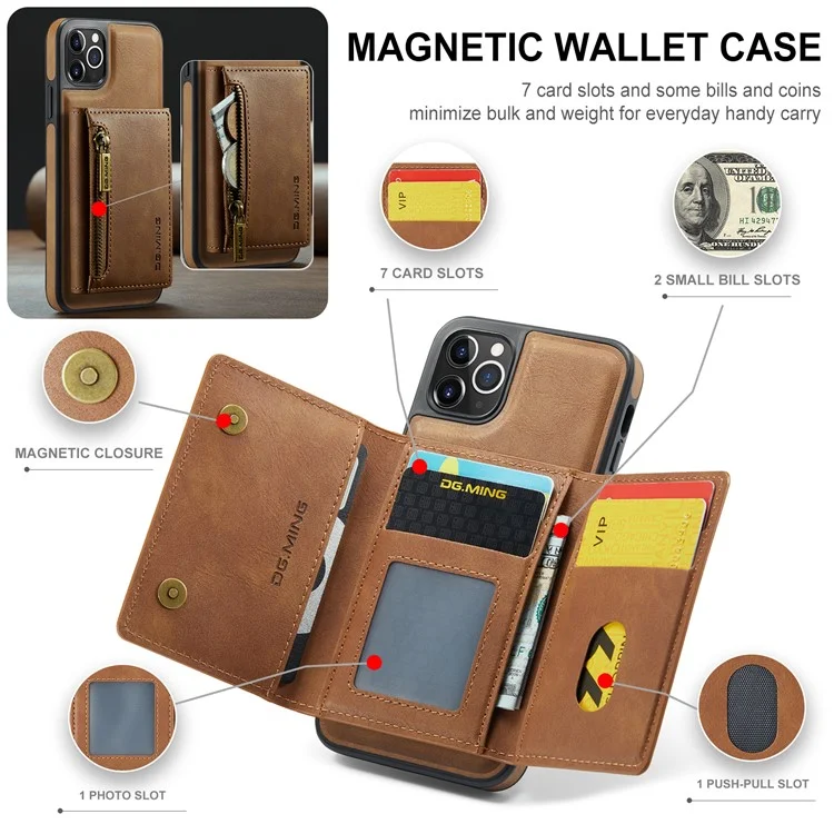 DG.MING M5 Series For iPhone 11 Pro Case Detachable Magnetic Leather Phone Cover with Card Slots - Brown