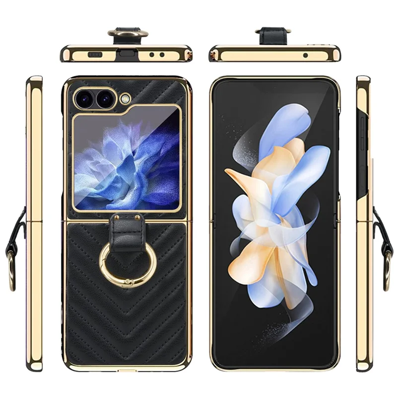 For Samsung Galaxy Z Flip7 FE 5G / Z Flip6 5G Case V-Shape Pattern Kickstand PC Phone Cover - Black