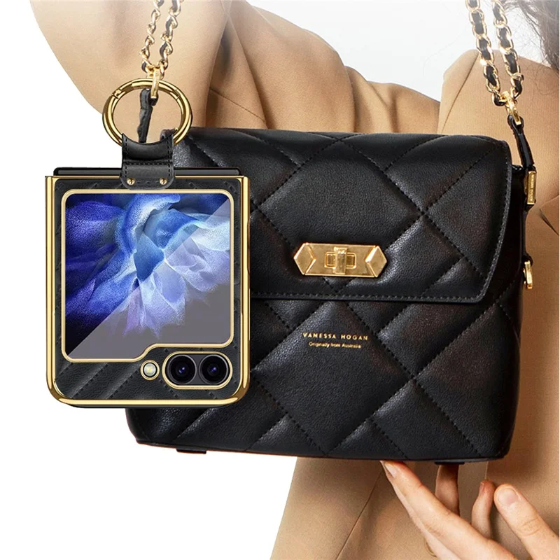 For Samsung Galaxy Z Flip7 FE 5G / Z Flip6 5G Case V-Shape Pattern Kickstand PC Phone Cover - Black