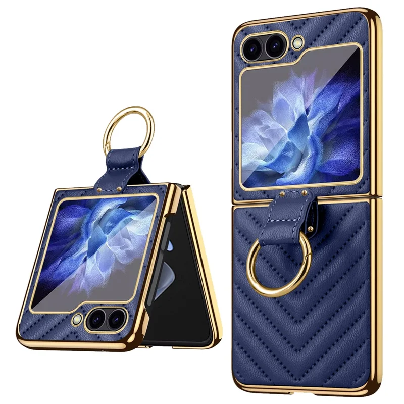 Para Samsung Galaxy Z Flip6 5G Case V-Shape Pattern Kickstand PC Phone Cover - Azul