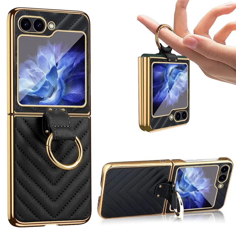 Para Samsung Galaxy Z Flip6 5G Case V-Shape Pattern Kickstand PC Phone Cover - Azul