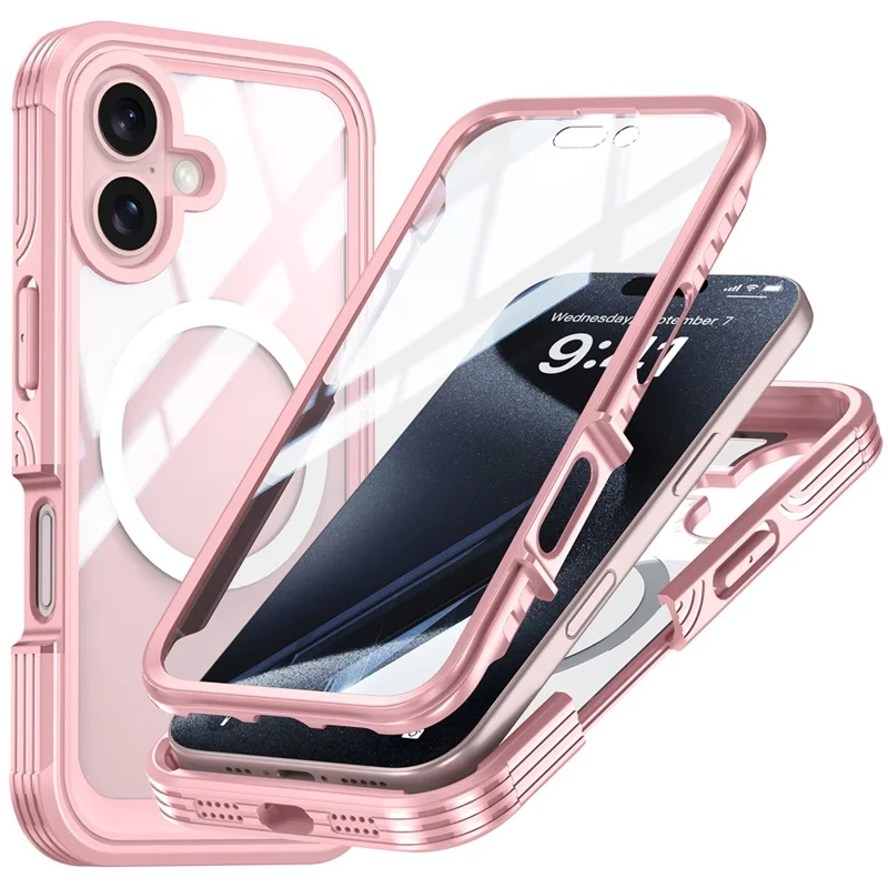 For iPhone 16 Magnetic Case with Tempered Glass Film PC + TPU Full Rugged Phone Cover - Pink