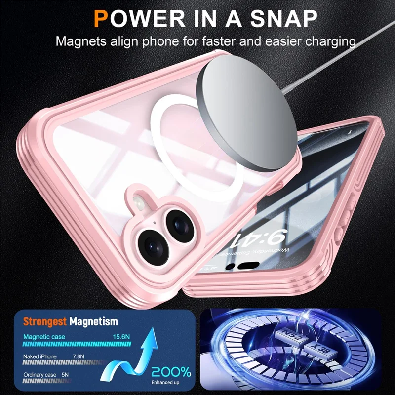 For iPhone 16 Magnetic Case with Tempered Glass Film PC + TPU Full Rugged Phone Cover - Pink