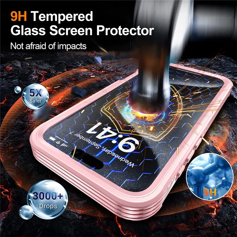 For iPhone 16 Magnetic Case with Tempered Glass Film PC + TPU Full Rugged Phone Cover - Pink