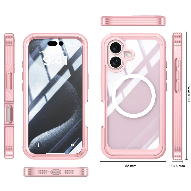 For iPhone 16 Magnetic Case with Tempered Glass Film PC + TPU Full Rugged Phone Cover - Pink