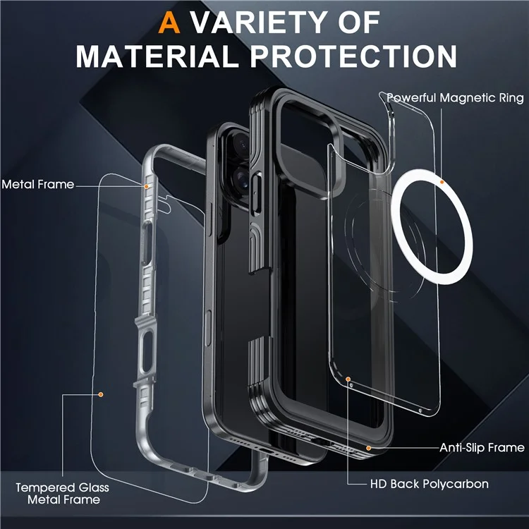 For iPhone 16 Pro Max Magnetic Case PC + TPU Shockproof Phone Cover with Screen Film - Black  /  Grey