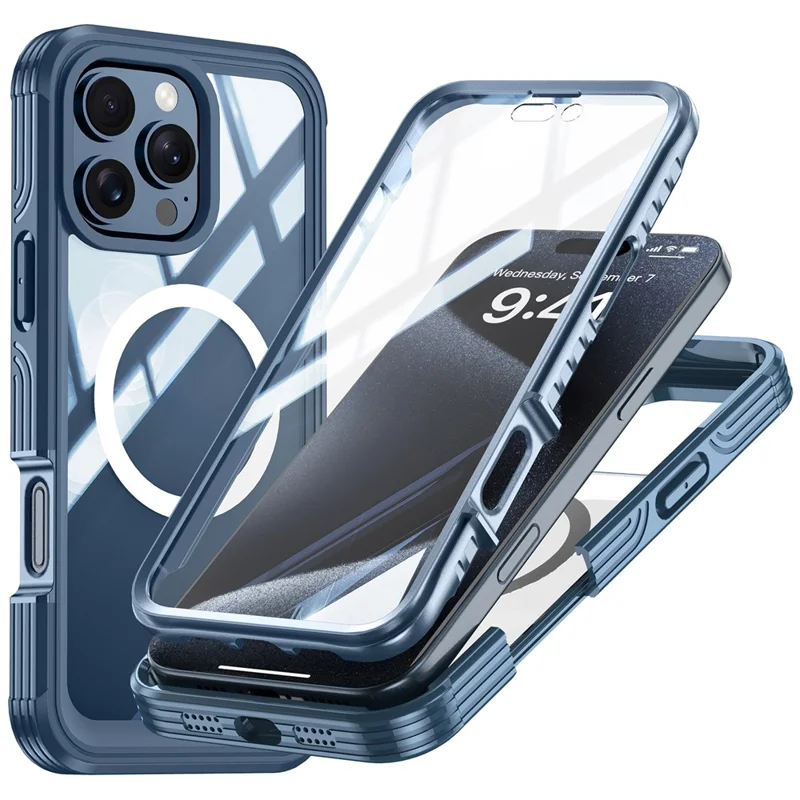 For iPhone 16 Pro Max Magnetic Case PC + TPU Shockproof Phone Cover with Screen Film - Dark Blue