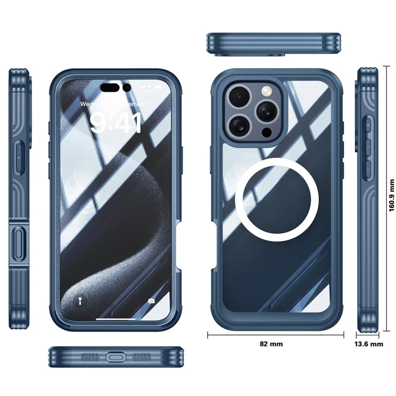 For iPhone 16 Pro Max Magnetic Case PC + TPU Shockproof Phone Cover with Screen Film - Dark Blue