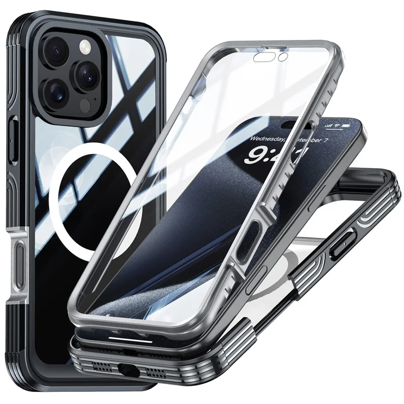 Coque magnétique pour iPhone 16 Pro, en PC + TPU, protection intégrale avec film d'écran - Noir / Gris
