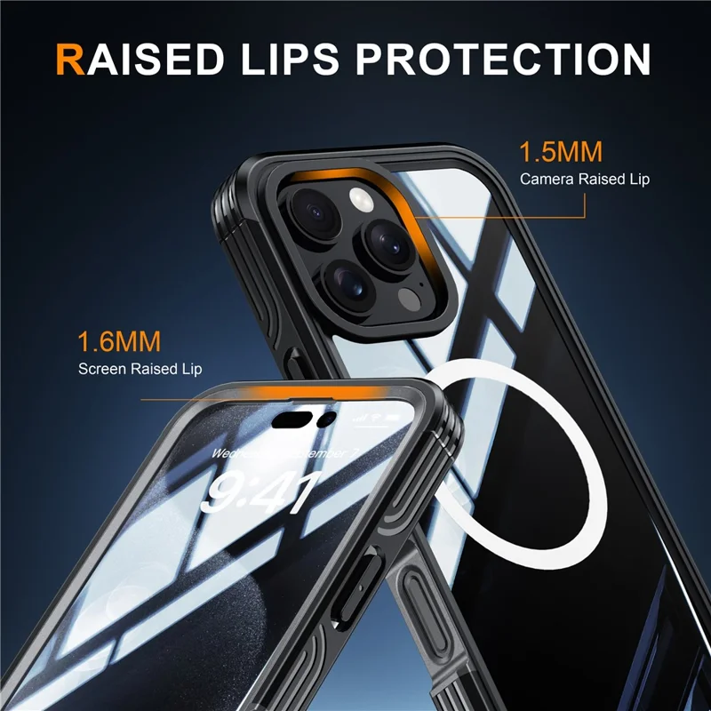 Coque magnétique pour iPhone 16 Pro, en PC + TPU, protection intégrale avec film d'écran - Noir / Gris