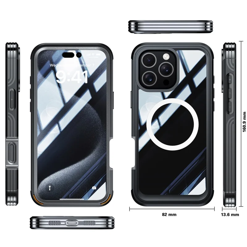 Coque magnétique pour iPhone 16 Pro, en PC + TPU, protection intégrale avec film d'écran - Noir / Gris