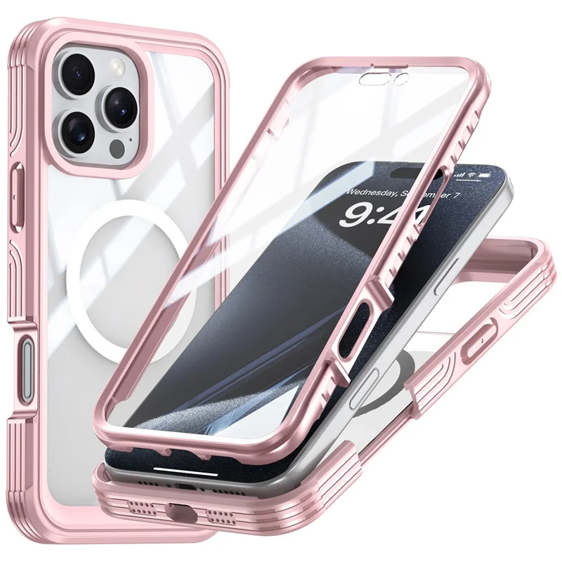 For iPhone 16 Pro Magnetic Case PC + TPU Full Protection Phone Cover with Screen Film - Pink