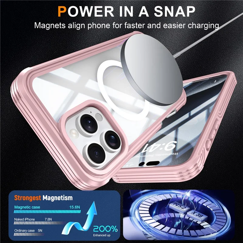 For iPhone 16 Pro Magnetic Case PC + TPU Full Protection Phone Cover with Screen Film - Pink