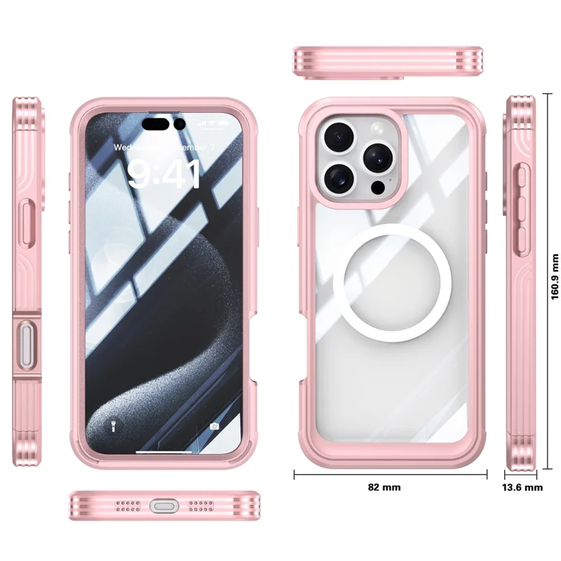 For iPhone 16 Pro Magnetic Case PC + TPU Full Protection Phone Cover with Screen Film - Pink